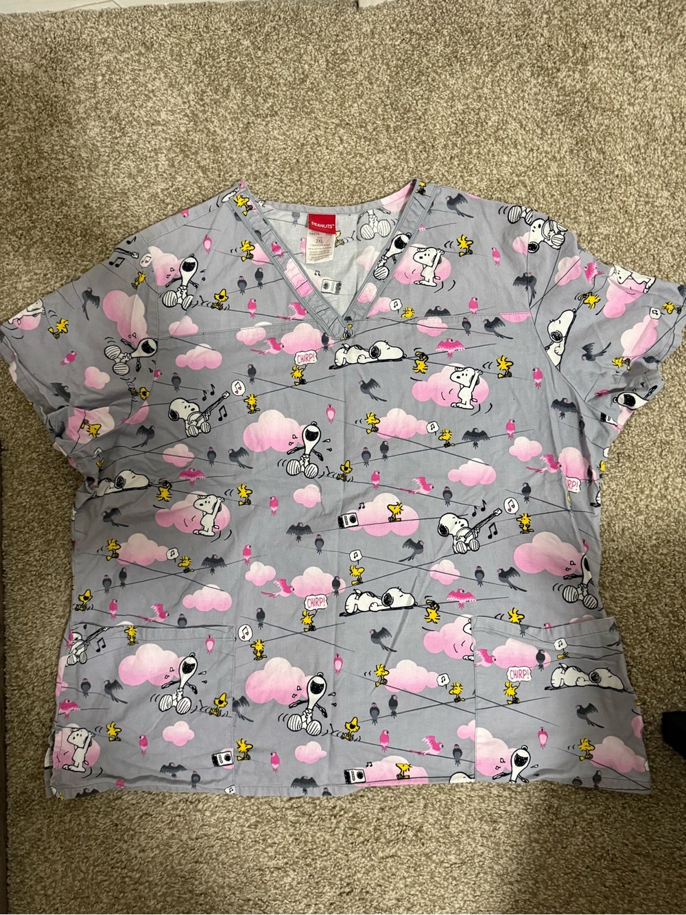Peanuts Gray Pink Snoopy & Woodstock Print Scrub Top